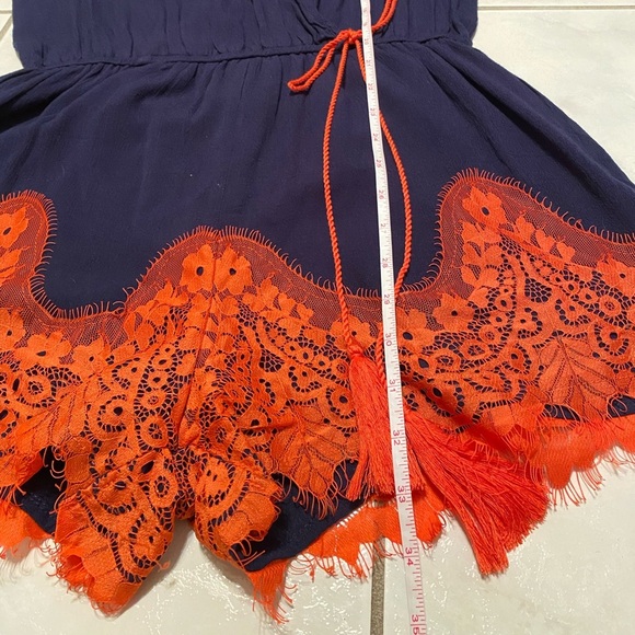 - Umgee romper. Navy Blue with lace orange, Size M, 3/4 sleeves. - Picture 8 of 11